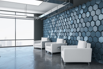 Contemporary waiting room with three chairs, table and city viwe.