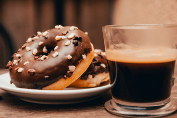 americano and chocolate donuts