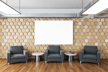 Minimalistic waiting room with three chairs and blank banner on wall.
