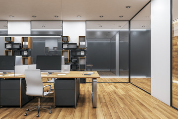 Coworking office interior with wooden floor