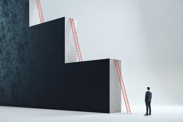 Businessman looking on big red ladder.