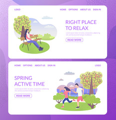 City park character right place to relax and sport with man and woman active sport time web banners set flat vector illustration. People sport and rest outdoors in summer park. Healthy lifestyle.