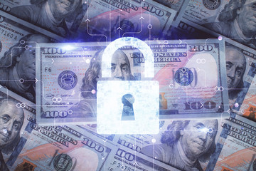 Double exposure of lock drawing over us dollars bill background. Security safe concept.