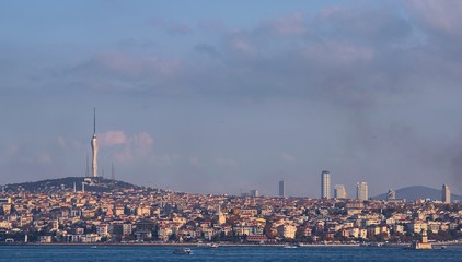 The futuristic Kucuk Camlica TV Radio Tower stands tall on the eastern side of Istambul, Turkey. Panoramic view from across the Bosphorus.