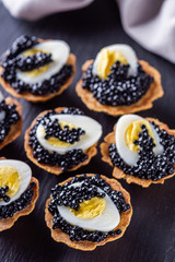 delicious snack tartlets on dark stone background