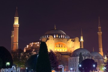 Hagia Sophia at night. This was a Greek Orthodox Christian cathedral, later an Ottoman imperial...