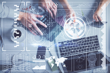 Double exposure of man and woman working together and data theme hologram drawing. Computer background. Top View.