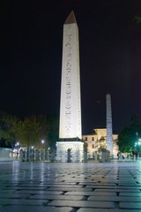 The Obelisk of Theodosius at night.An ancient Egyptian obelisk of pharaoh Thutmose III, now located...