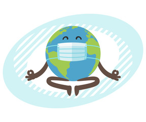 Planet Earth character with medical mask meditating. Gobe relax in lotus yoga pose.