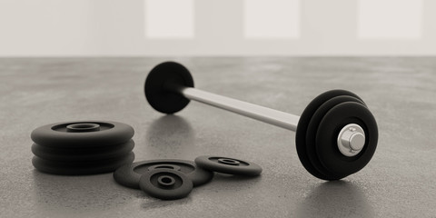 Fototapeta na wymiar long metal dumbbells and black weights on gym floor and white background 3d illustration render