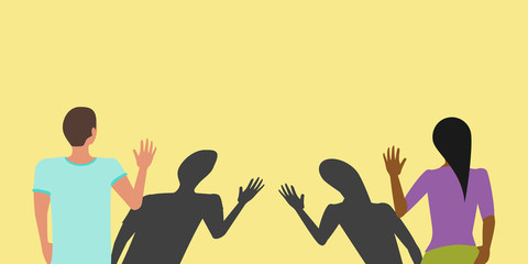 Social distancing greeting concept vector where two people avoid handshakes and keep their distance but their shadows almost touch to prevent spread of COVID-19