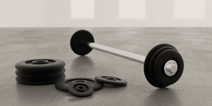 long metal dumbbells and black weights on gym floor and white background 3d illustration render