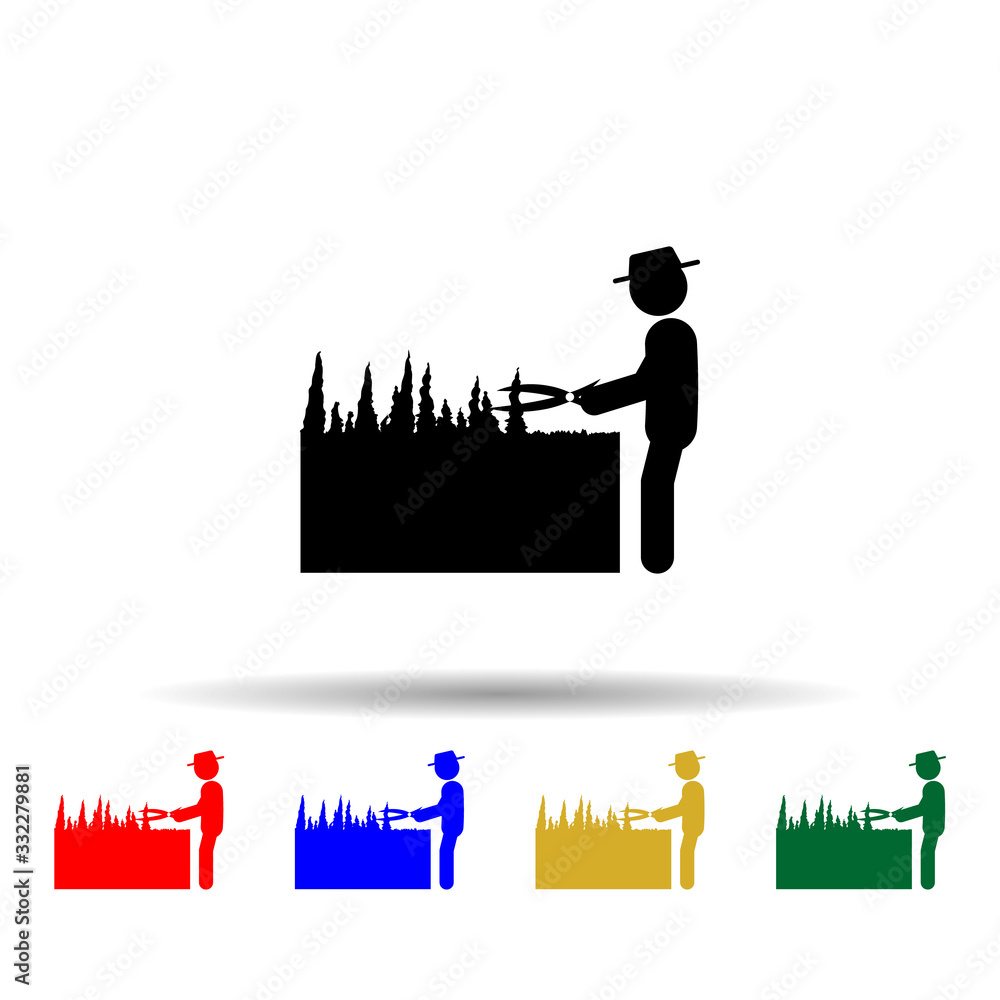Poster man shearing of shrubs multi color icon. simple glyph, flat vector of gardening icons for ui and ux,