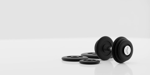 Fototapeta na wymiar black metal dumbbells and weights on white background 3d illustration render