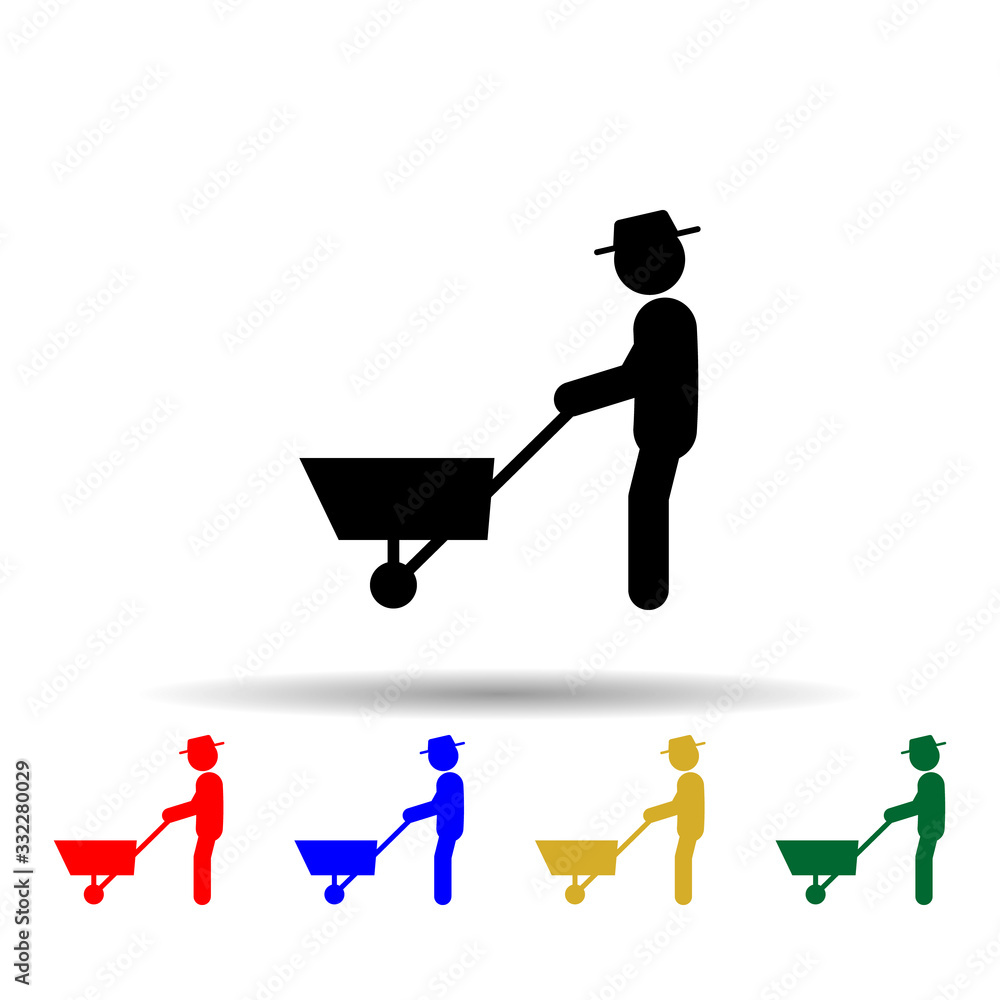 Poster man man with wheelbarrow multi color icon. simple glyph, flat vector of gardening icons for ui and u