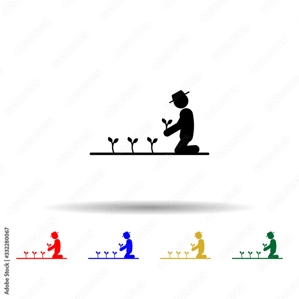 Poster man seedlings multi color icon. simple glyph, flat vector of gardening icons for ui and ux, website 