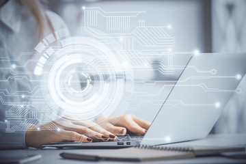 Multi exposure of woman hands working on computer and data theme hologram drawing. Tech concept.