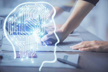 Multi exposure of woman hands working on computer and brain hologram drawing. Ai concept.