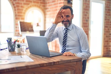 Middle age handsome businessman wearing tie sitting using laptop at the office doing ok gesture with hand smiling, eye looking through fingers with happy face.
