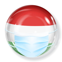 Shiny sphere in the Hungary flag colors with a medical mask for protection from coronavirus