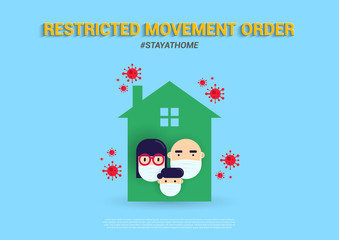 Stay at home awareness social media campaign and coronavirus prevention. Vector illustration of a family wearing facial mask at home and bacteria virus with Restricted Movement Order text.
