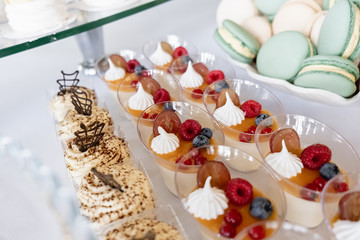 Obraz premium Details of a festival catering: cupcakes with fresh berries and cake pops, biscuits. Selective focus. Beautifully decorated table. Delicious candy bar at the wedding ceremony