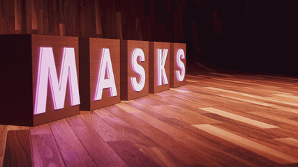 Masks - Glowing letters on wooden blocks with room for text
