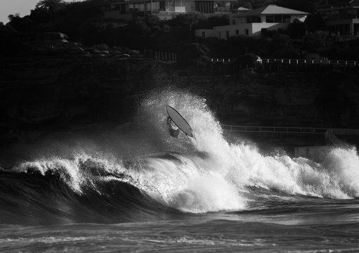 Black and white photo of a surfer wiping out, Sydney Australia © Gary