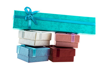pile giftbox blue red square high long gift surprise set white background