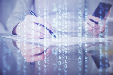 Double exposure of technology sketch hologram and woman holding and using a mobile device.