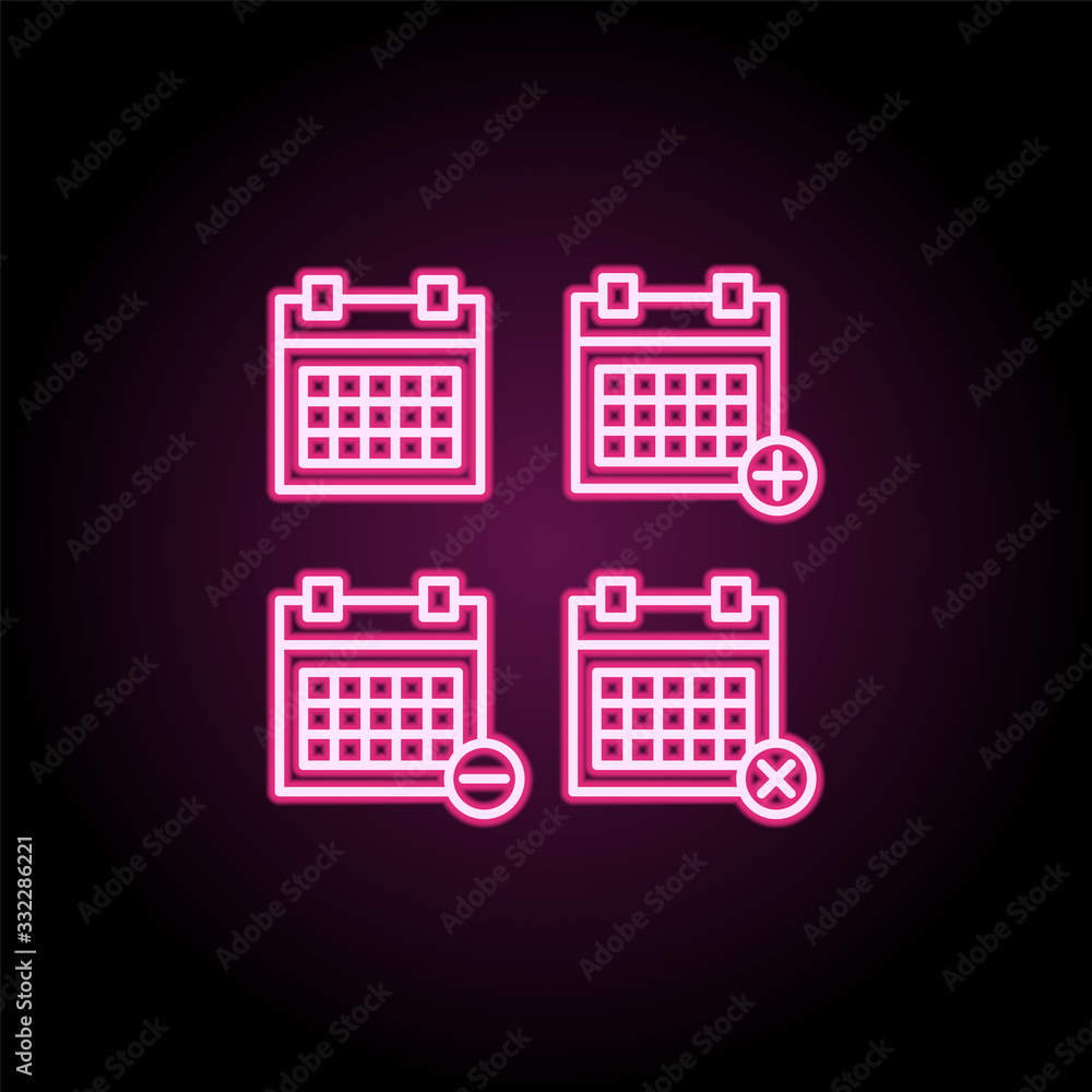 Poster calendar, plus, minus, delete sign neon icon. simple thin line, outline vector of web icons for ui a