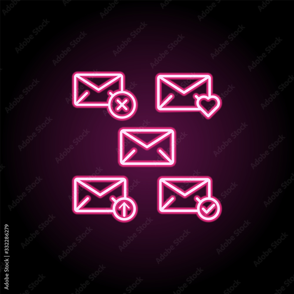 Poster envelope, remove, heart, upload, check sign neon icon. simple thin line, outline vector of web icons