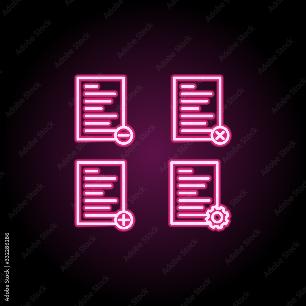 Poster text, list, remove, delete, plus, settings sign neon icon. simple thin line, outline vector of web i