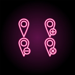Fototapeta premium Map, pin, plus, remove, minus sign neon icon. Simple thin line, outline vector of web icons for ui and ux, website or mobile application