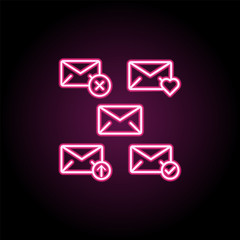 Envelope, remove, heart, upload, check sign neon icon. Simple thin line, outline vector of web icons for ui and ux, website or mobile application