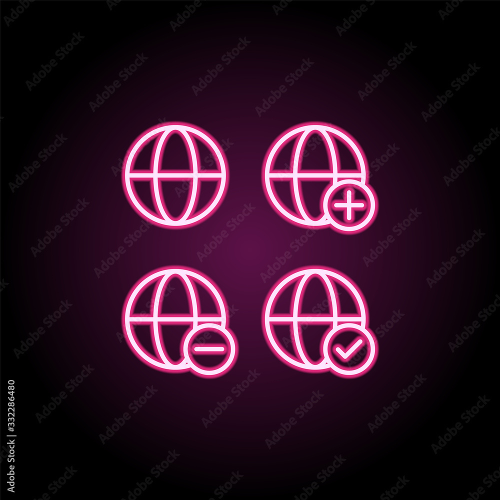 Poster globe, plus, check, minus sign neon icon. simple thin line, outline vector of web icons for ui and u
