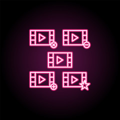 Cinema, tape, delete, star, minus, plus sign neon icon. Simple thin line, outline vector of web icons for ui and ux, website or mobile application