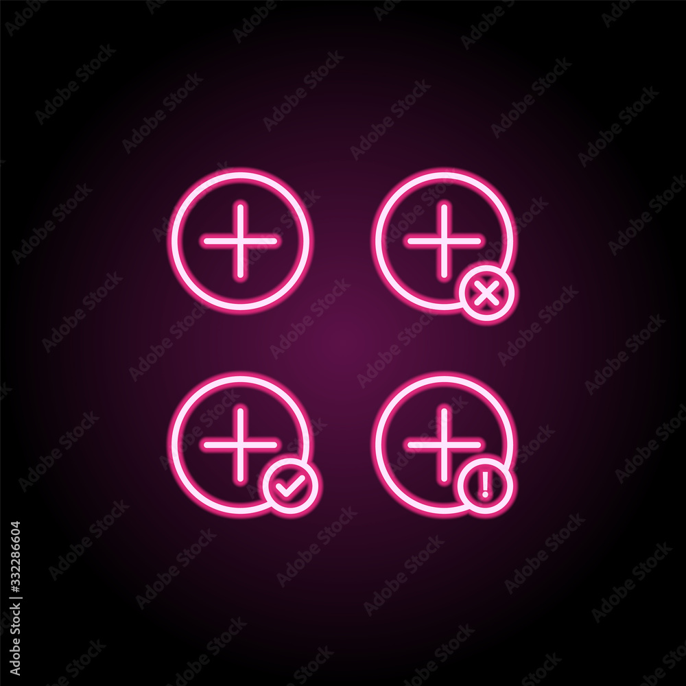 Poster plus, plus, check, minus, exclamation sign neon icon. simple thin line, outline vector of web icons 