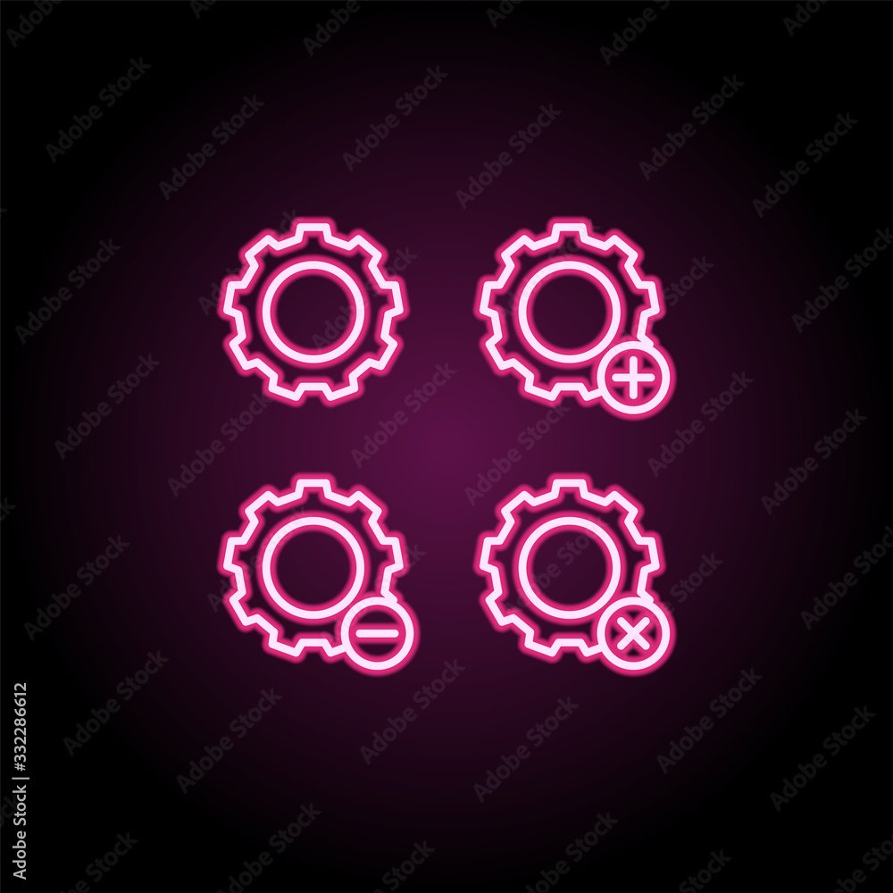 Poster gear, plus, remove, minus sign neon icon. simple thin line, outline vector of web icons for ui and u