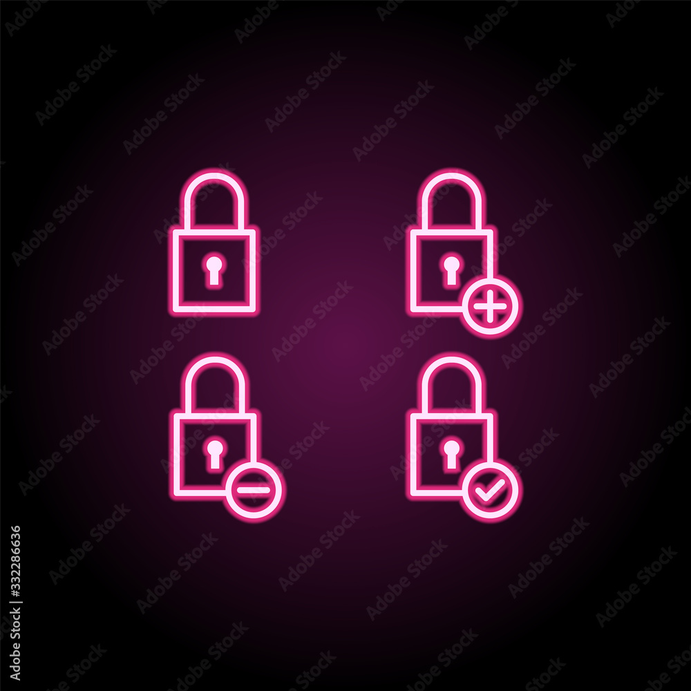 Poster lock, plus, check, minus sign neon icon. simple thin line, outline vector of web icons for ui and ux
