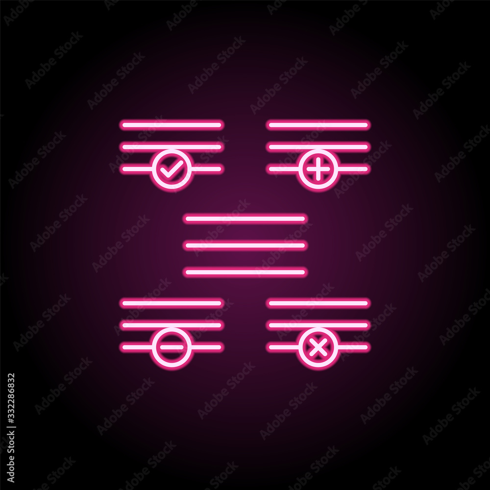 Poster menu, plus, remove, minus, check sign neon icon. simple thin line, outline vector of web icons for u