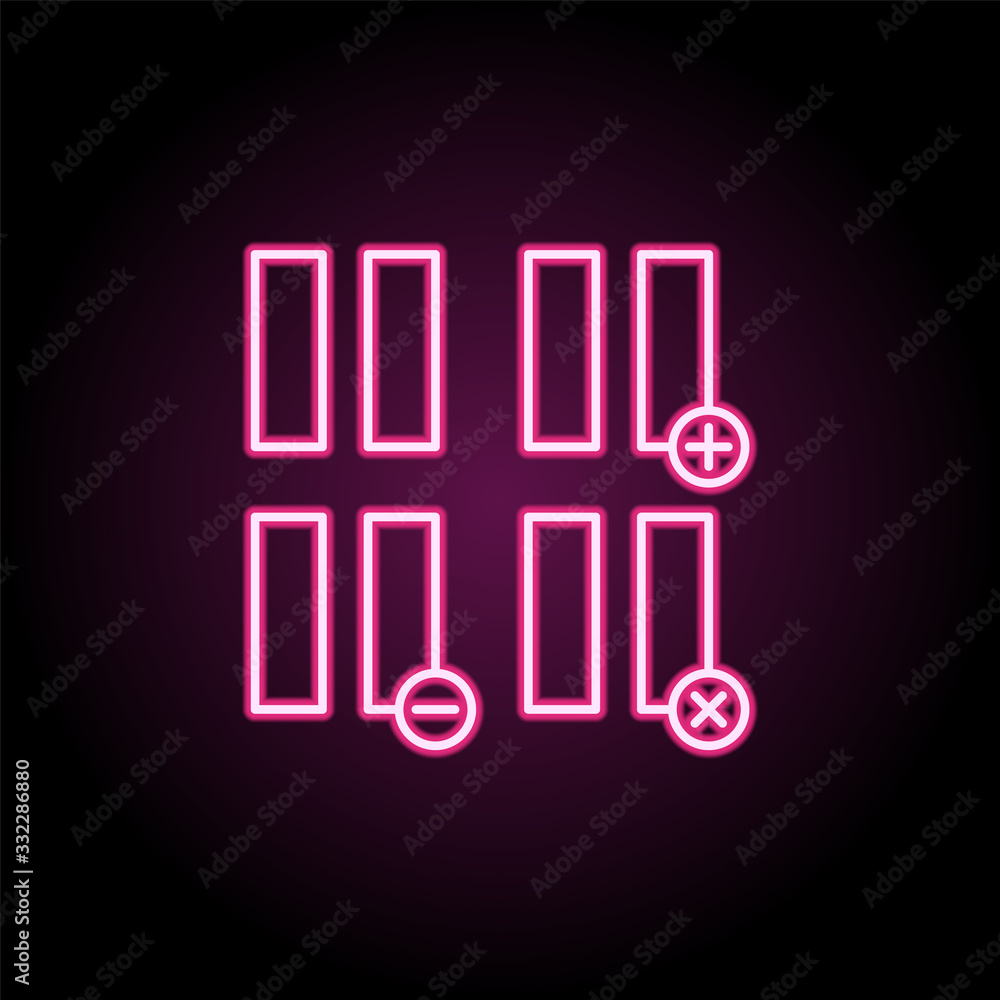 Poster pause, plus, remove, minus sign neon icon. simple thin line, outline vector of web icons for ui and 