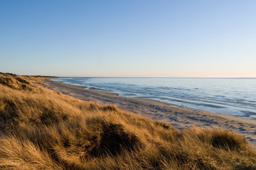 Laesoe / Denmark: Beautiful and calm coastline on the west coast of the island at low tide in the late April afternoon sun