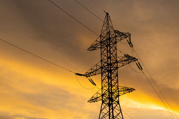 silhouette high voltage power tower iron dusk dawn sky