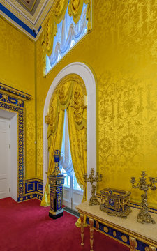 Set from paired candelabra and secretary desktop according to the project of I. Monighetti in the restored Lyons Hall (Yellow Drawing-Room) of the Catherine Palace. St. Petersburg, Russia.