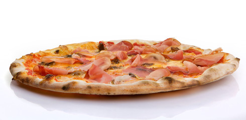 Flatlay of Italian pizza on white background. Rustic homemade pizzas with salami, bacon,  cheese, eggs and raw vegetables on shabby wooden background. Healthy vegetarian fungi pizza