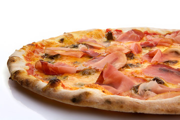 Flatlay of Italian pizza on white background. Rustic homemade pizzas with salami, bacon,  cheese, eggs and raw vegetables on shabby wooden background. Healthy vegetarian fungi pizza