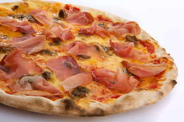 Flatlay of Italian pizza on white background. Rustic homemade pizzas with salami, bacon,  cheese, eggs and raw vegetables on shabby wooden background. Healthy vegetarian fungi pizza
