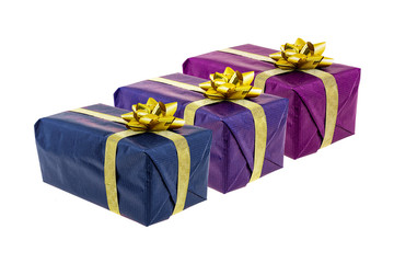 christmas giftbox dark lilac blue paper ribbon gold white background