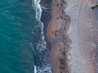 Fototapeta na wymiar Girl and dog at the beach at sunset, Aerial Views